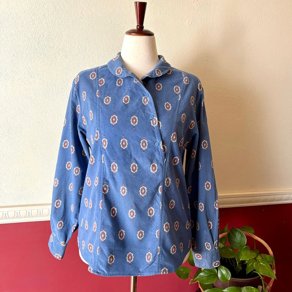 Vintage Eddie Bauer Blue Flannel Medallion Print Top M Asymmetric Button Collar
